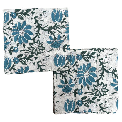 Katoenen servetten blockprint wit met levendige bloemen in groen en dusty blue - Frank Styling