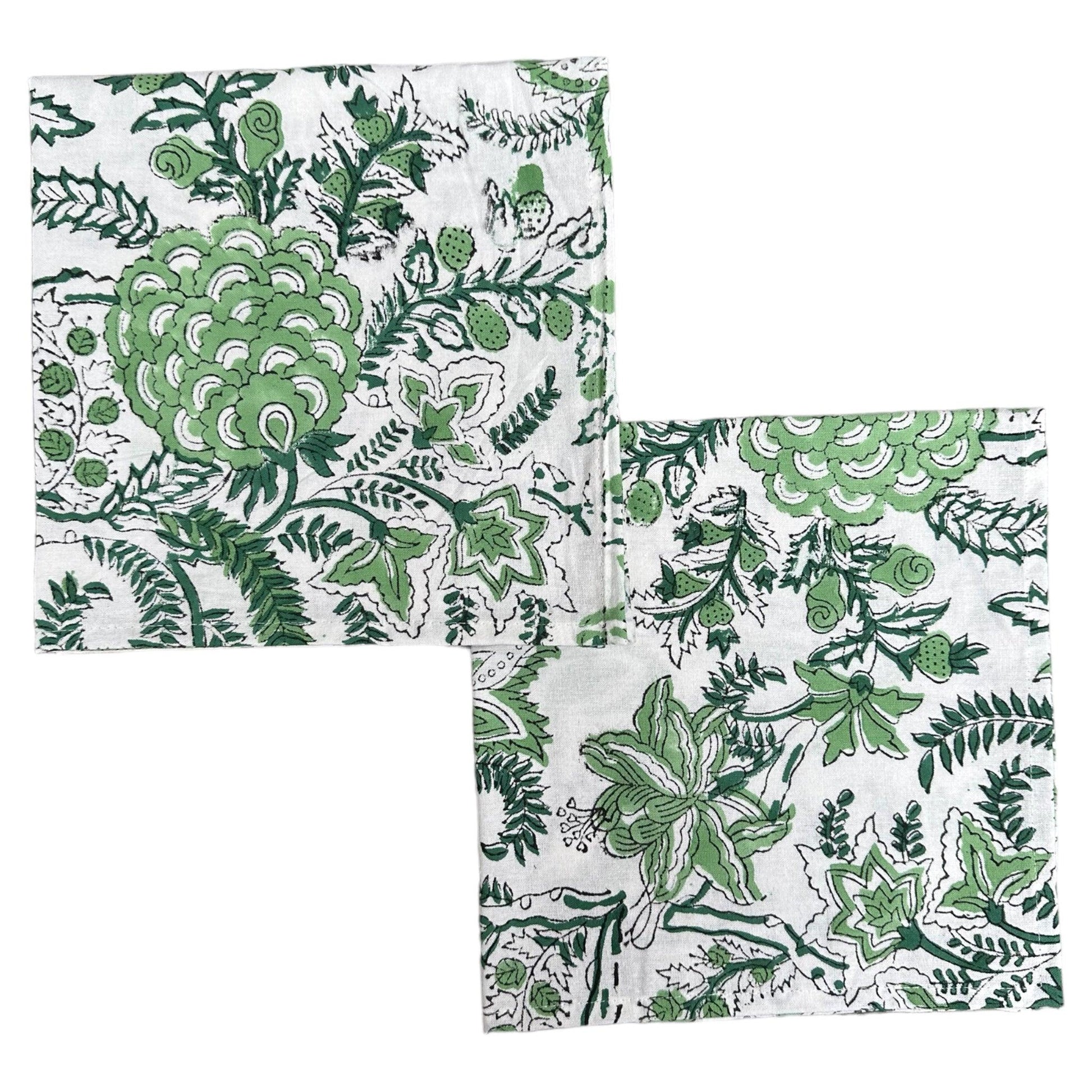 Tafelkleed Indiase blockprint wit met groene bloemmotieven - Frank Styling