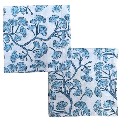 Tafelkleed Indiase blockprint lichtblauw met witte ginkgo bladmotieven - Frank Styling